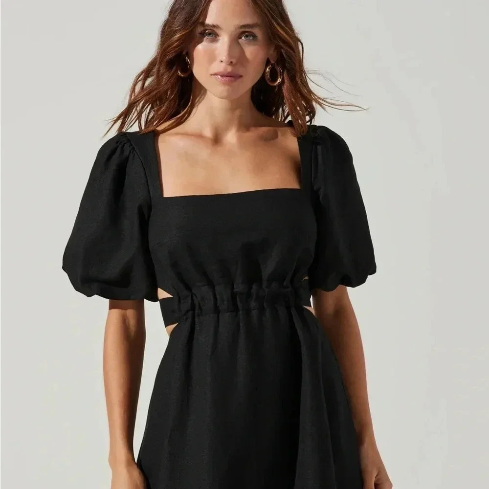 ASTR THE LABEL NWT Black Linen MIDI Cut Out Puff Sleeve Angeles Dress M - Picture 2 of 10